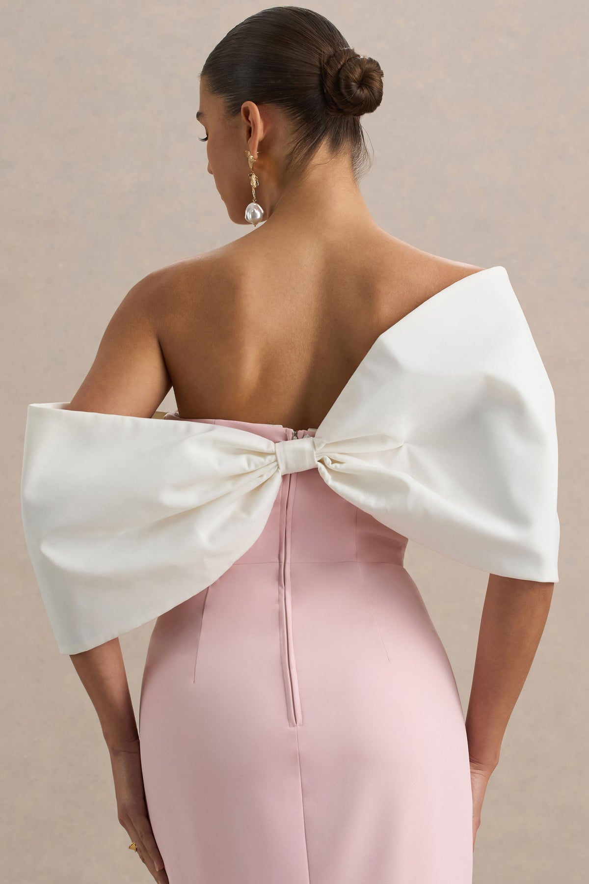 Lucille | Rose & Pink Asymmetric Bardot Midi Dress With Bow Detail