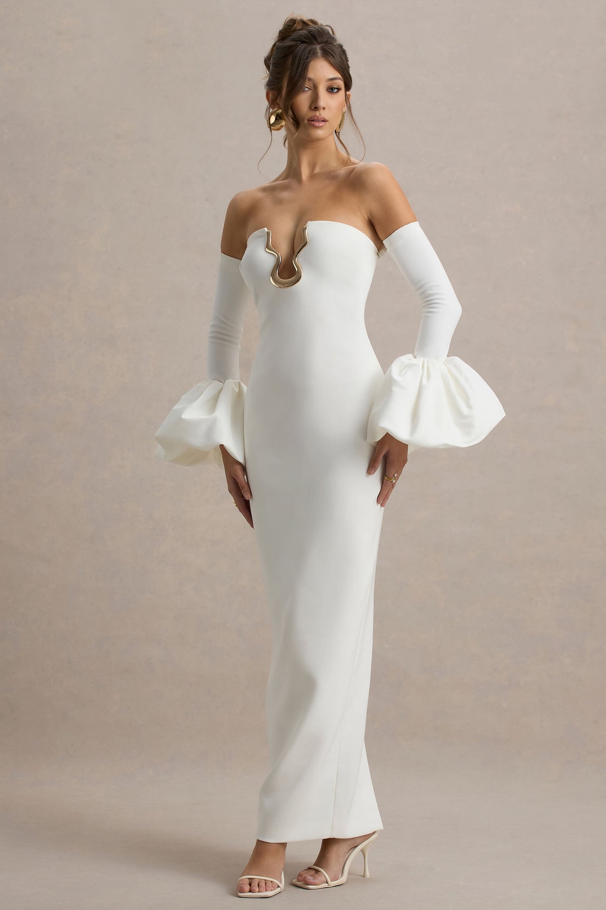 Annalisa | Cream Bandeau Maxi Dress With Satin Cuffs