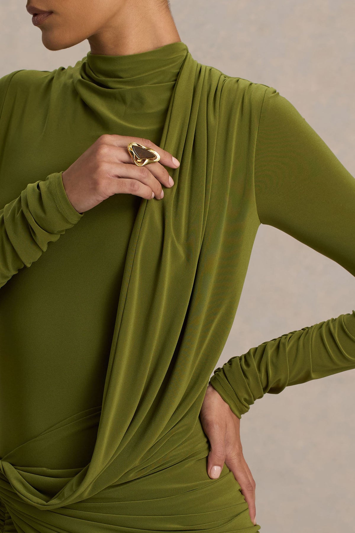 Melissa | Olive Long-Sleeve Wrap Maxi Dress With Draped Detailing