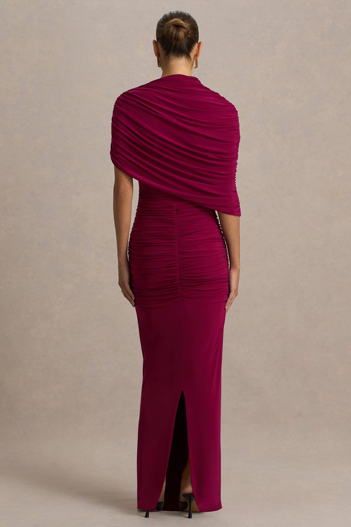Glitz | Burgundy High-Neck Maxi Dress With Cape Sleeve and Ruched Detailing
