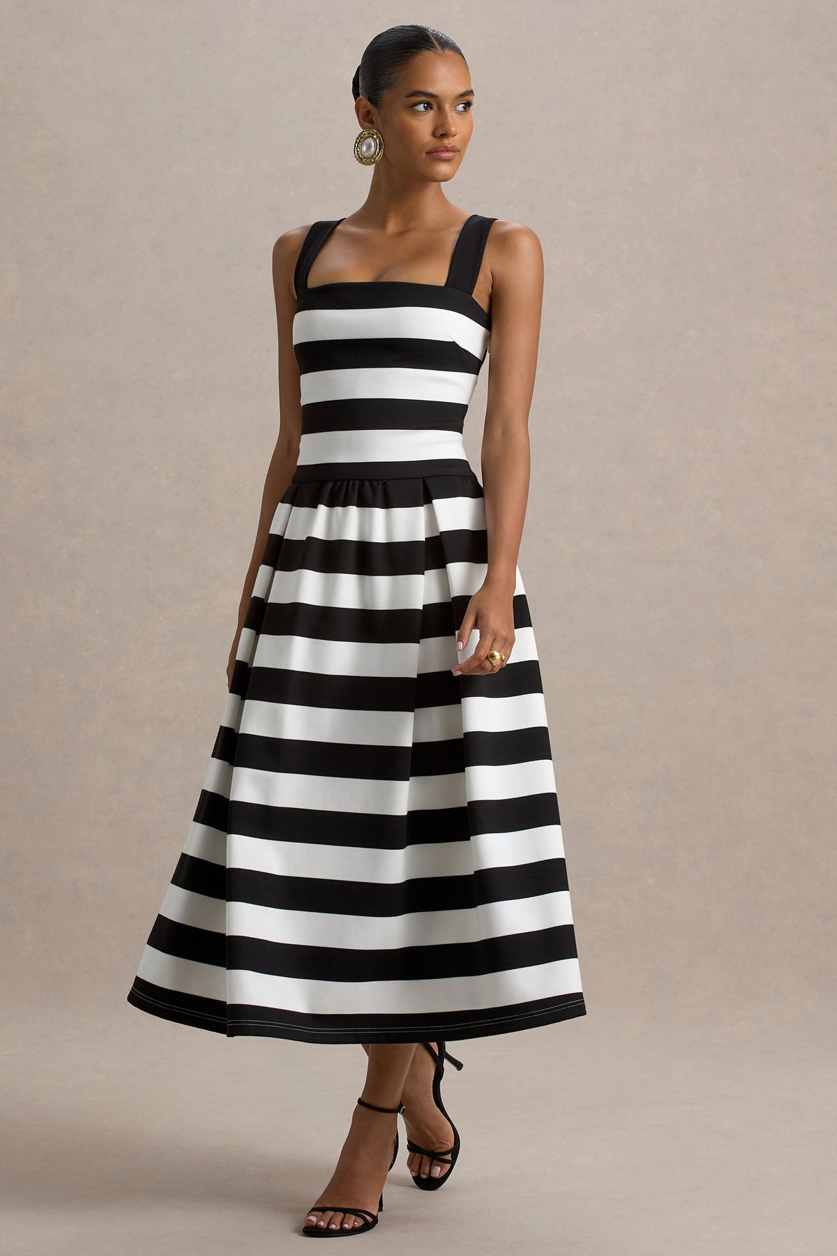 Monte Carlo | Black & White Striped Square-Neck Drop-Waist Midi Dress