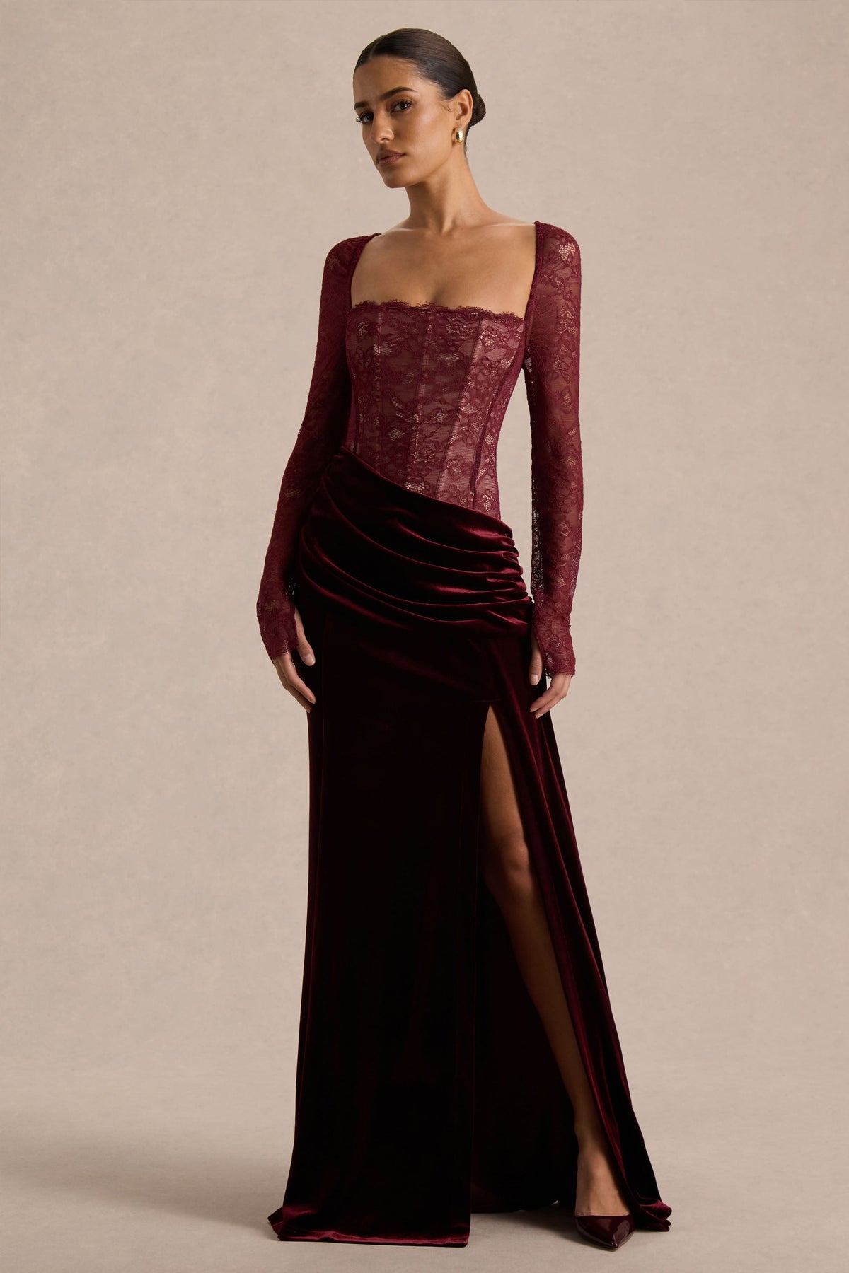 Finesse | Burgundy Lace And Velvet Square-Neck Maxi Dress With Draped Skirt