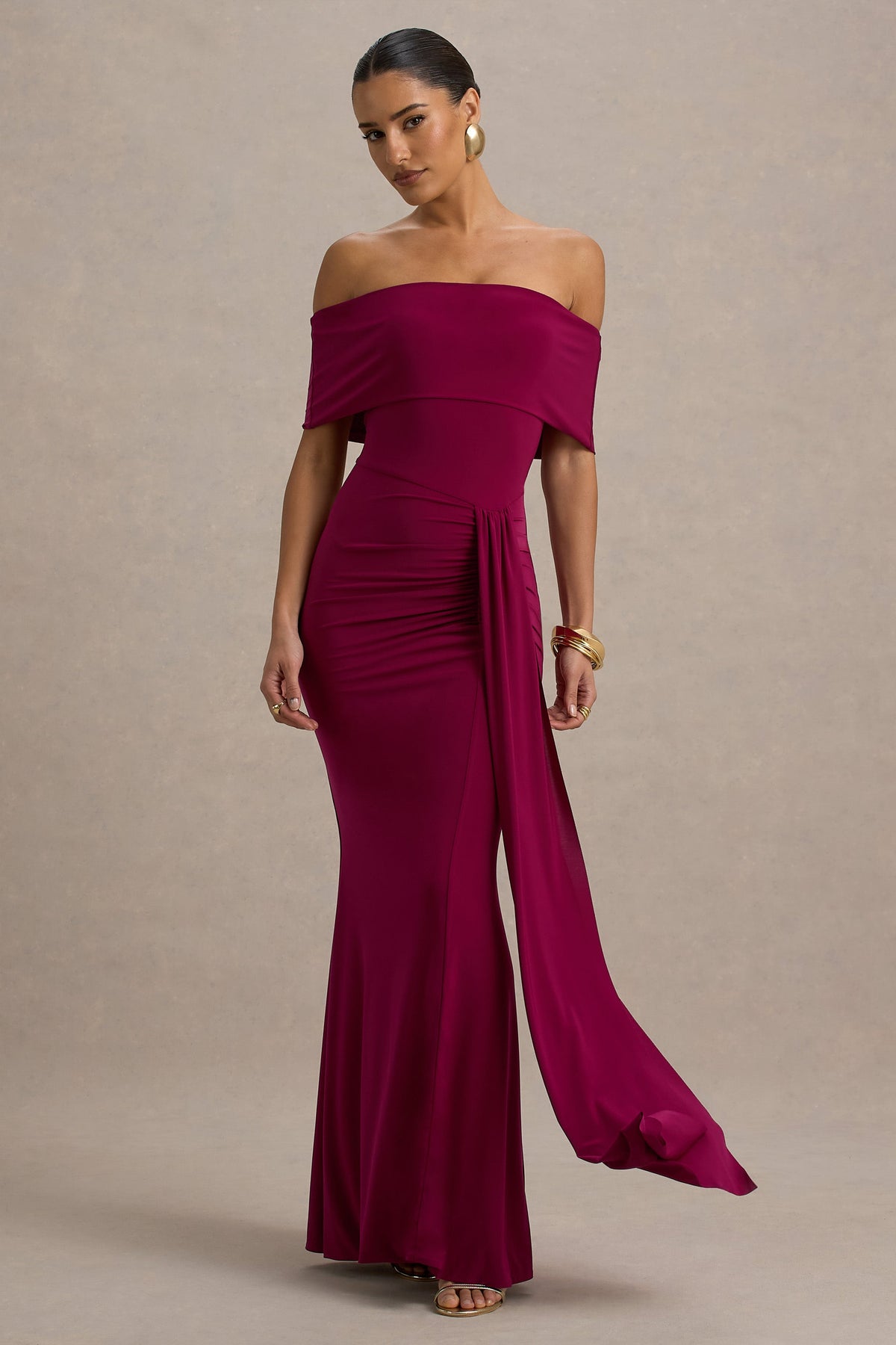 Delma | Burgundy Bardot Maxi Dress With Drape Detail