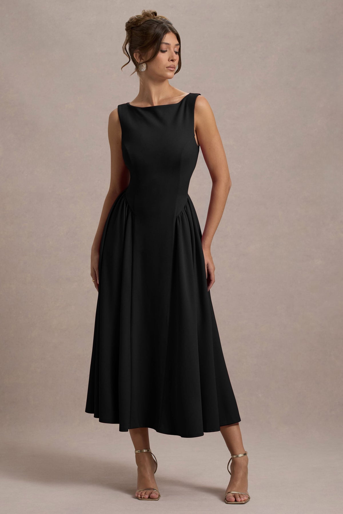Muriel | Black Boat-Neck Volume-Hem Midi Dress