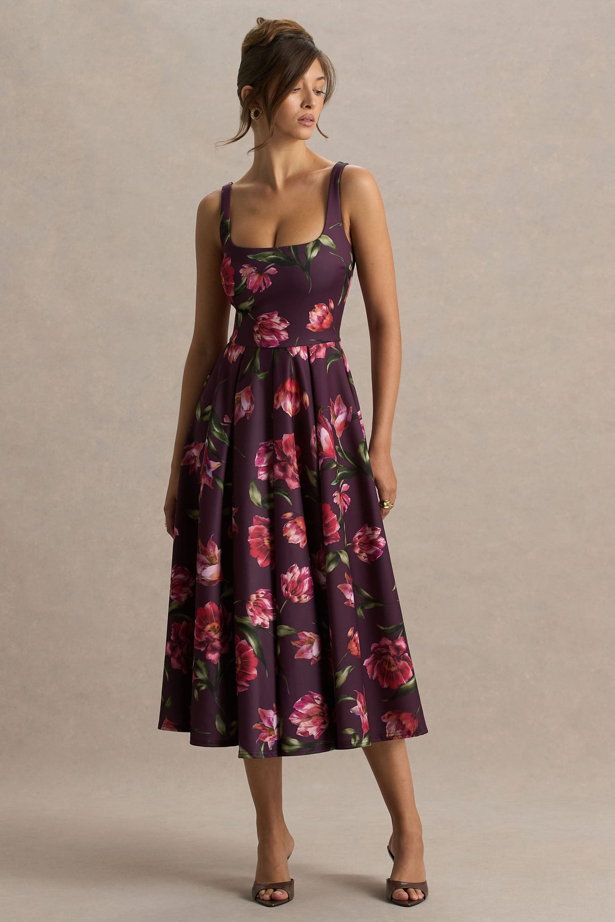 Berta | Burgundy Floral Print Scuba Square Neck A-Line Midi Dress