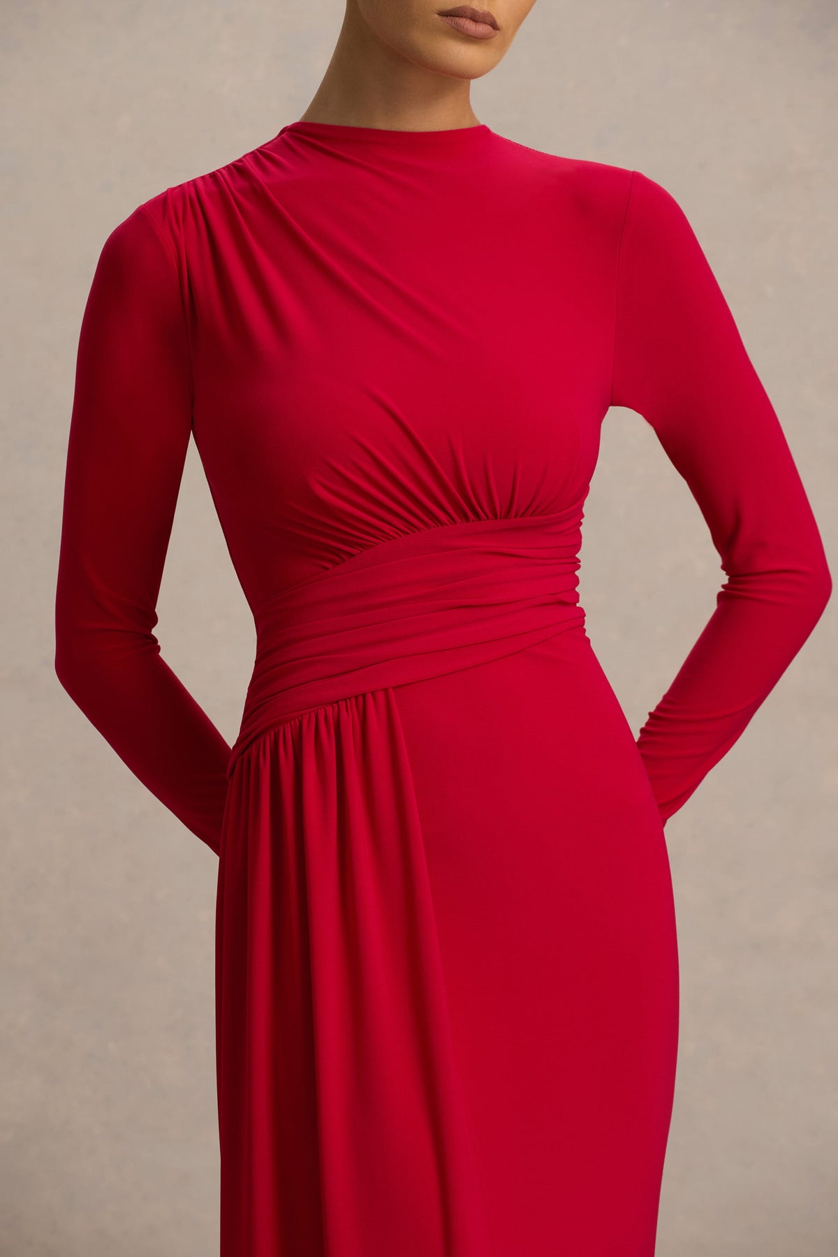 Virelle | Red Boat-Neck Maxi Dress With Wrap Detail And Sash