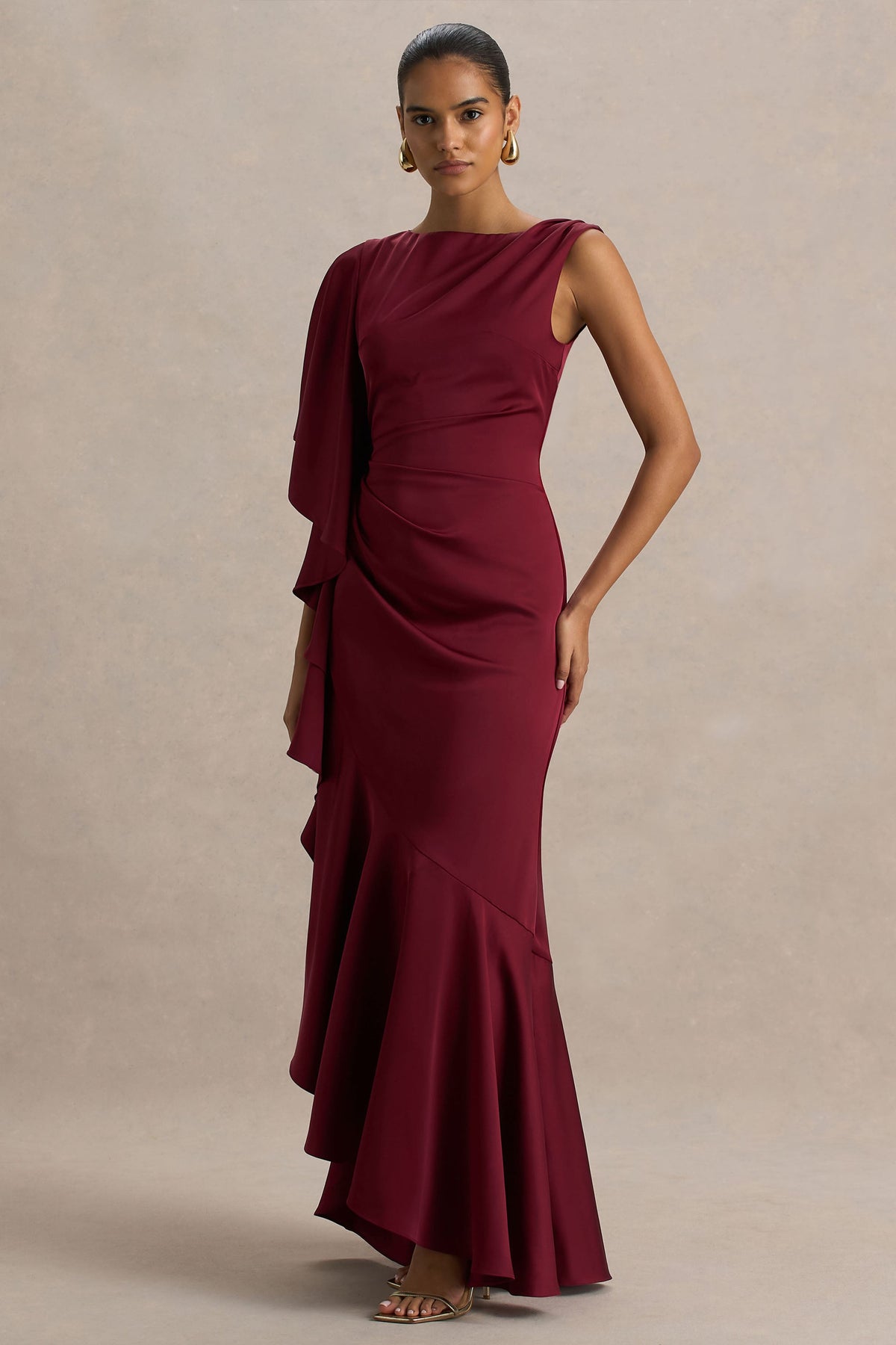 Rosy | Burgundy Satin Boat-Neck Maxi Dress With Front Split And Ruffled Detailing