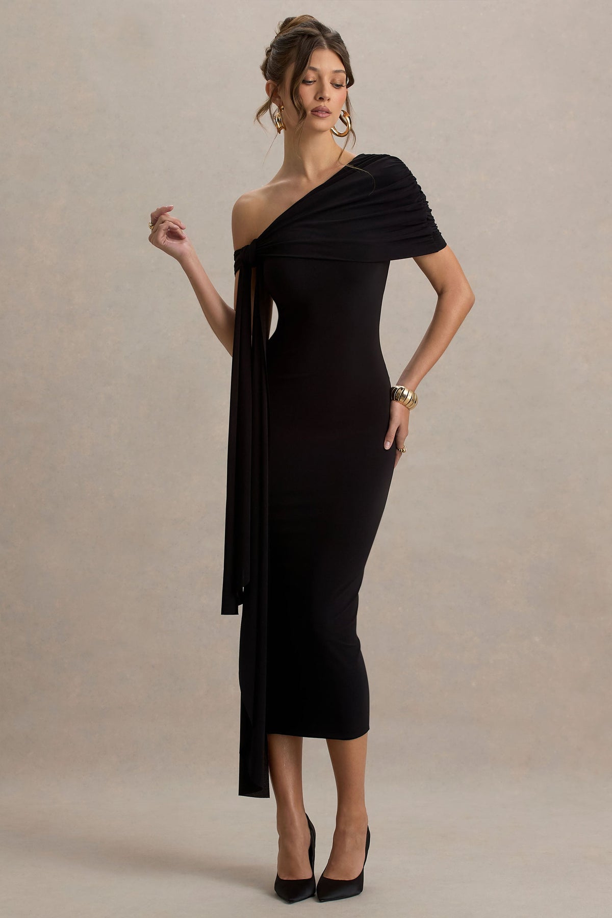 Praia | Black Asymmetric-Neck Maxi Dress With Sash and Draped Detailing