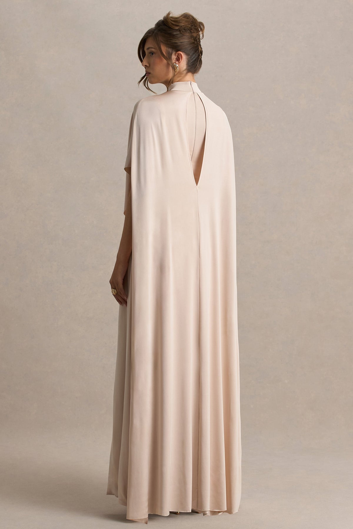 Olessia | Champagne Belted Gathered Cape-Sleeve Maxi Dress