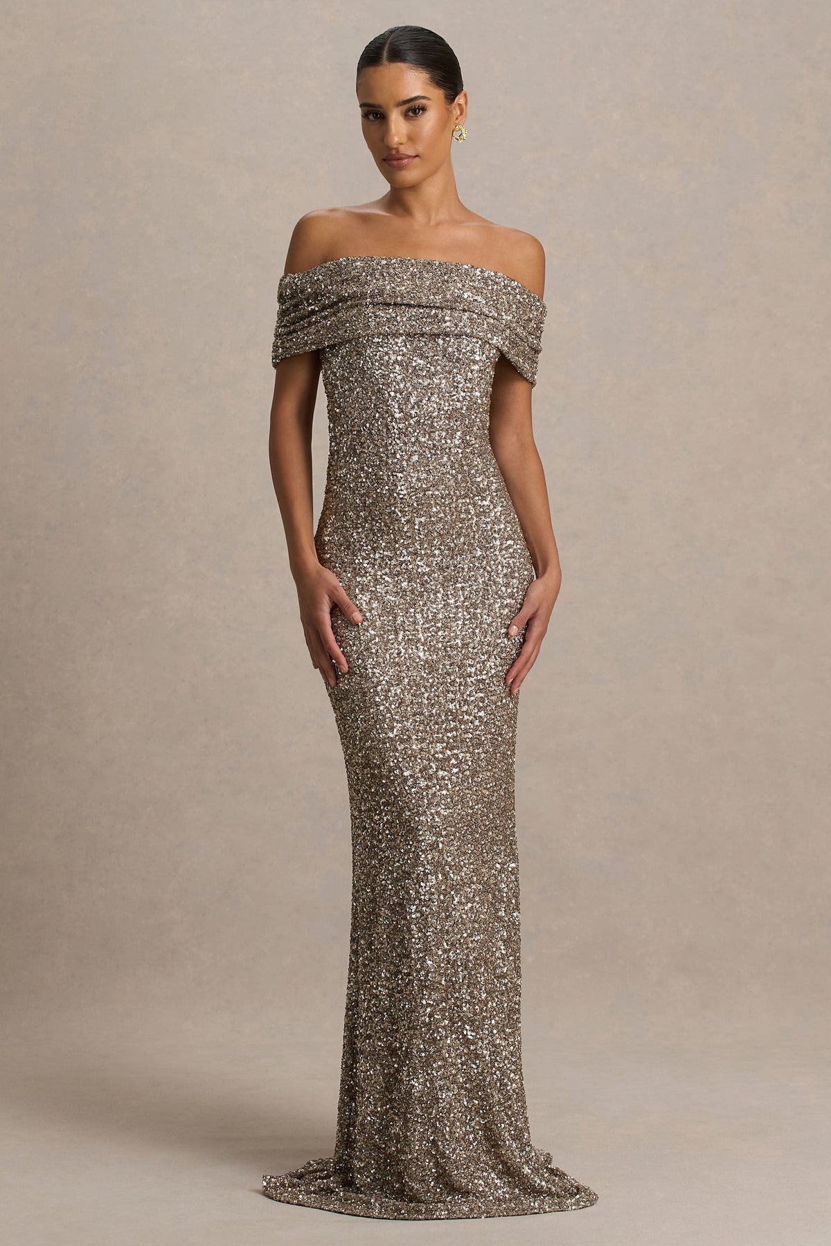 Melina | Champagne Sequin Bardot-Neck Maxi Dress