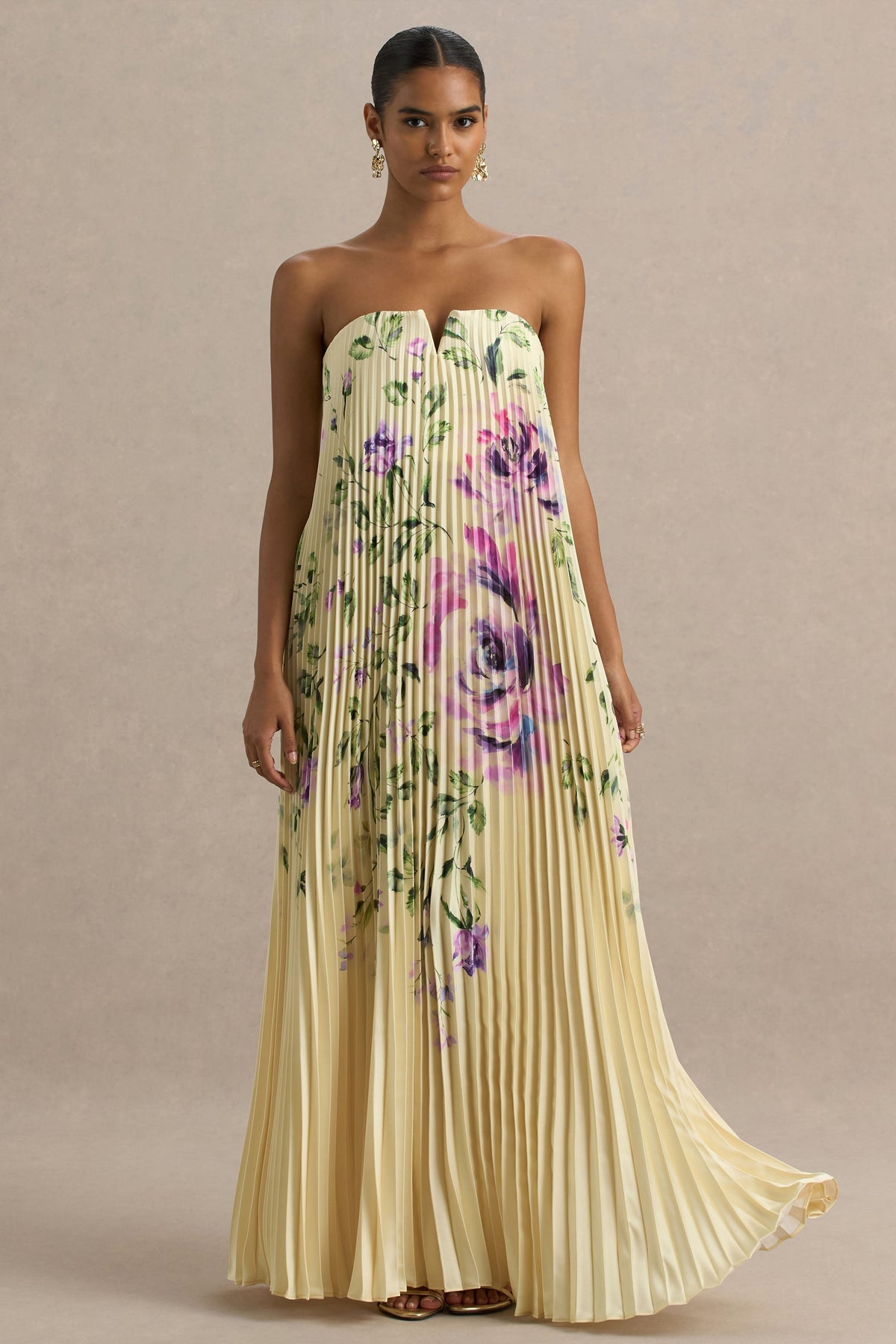 Bergamot | Lemon Rose Print Satin Sweetheart Maxi Dress