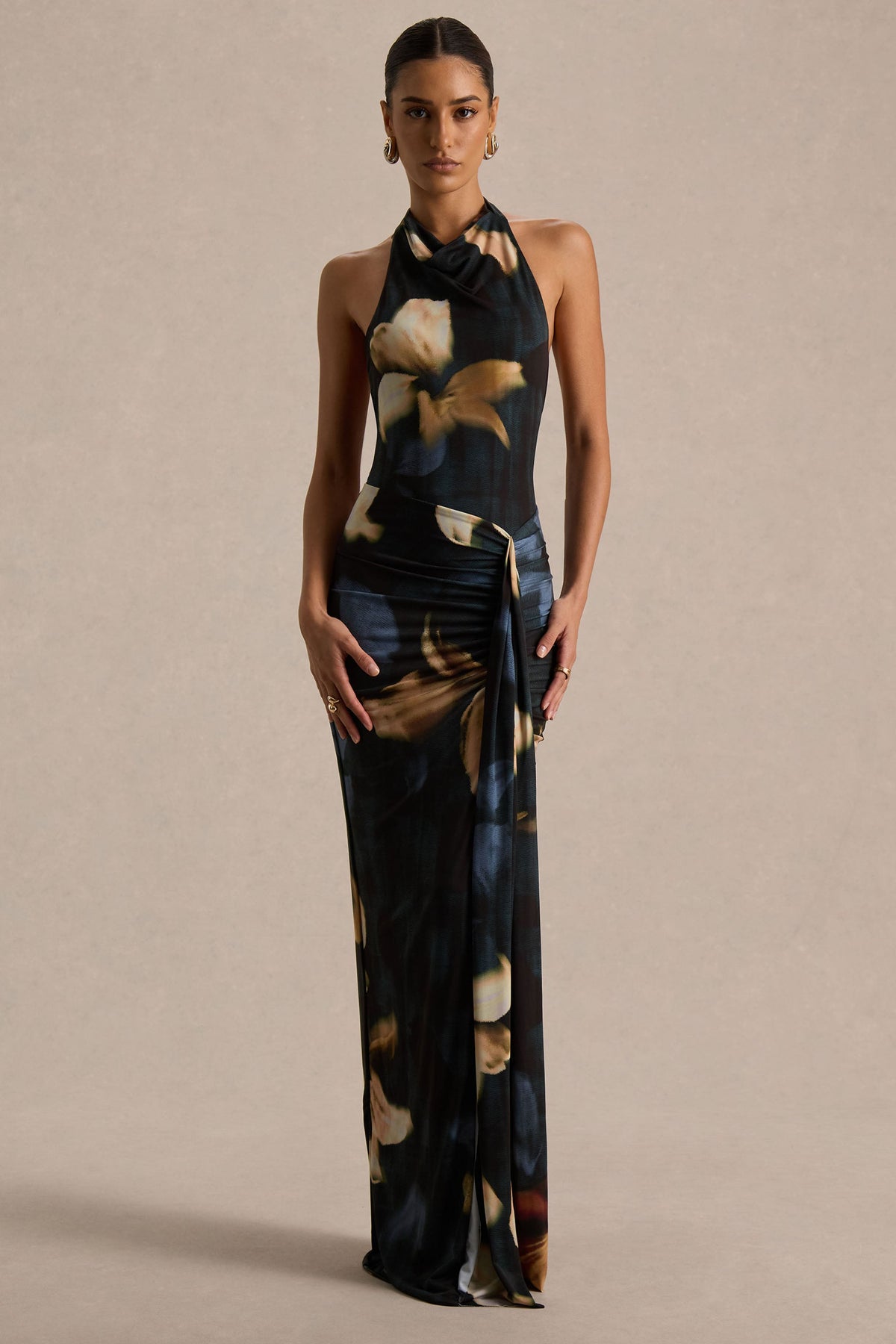 Sunflower | Dark Lily Print Jersey Cowl Maxi Dress With Gathered Detailing And Split