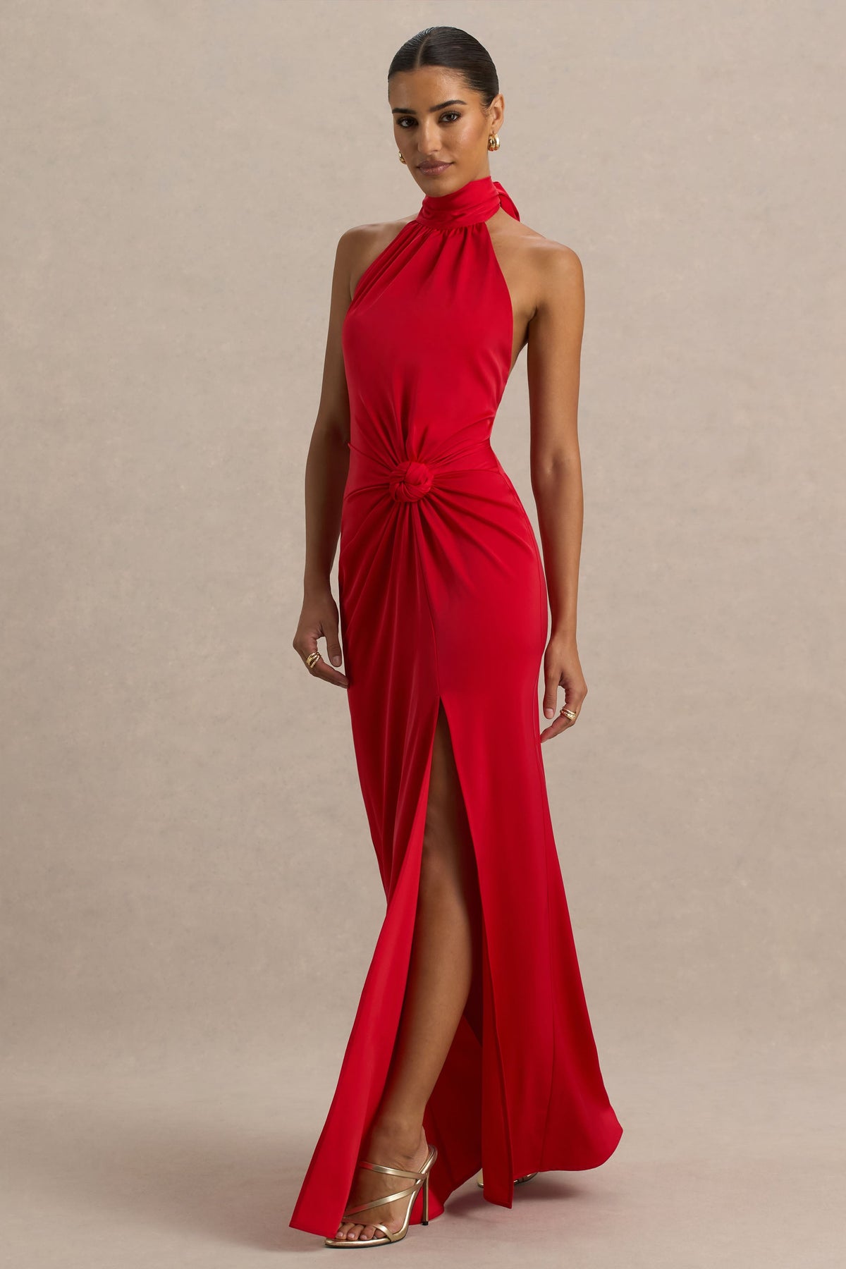 Lenora | Red Halter-Neck Maxi Dress with Ruched Detailing and Split