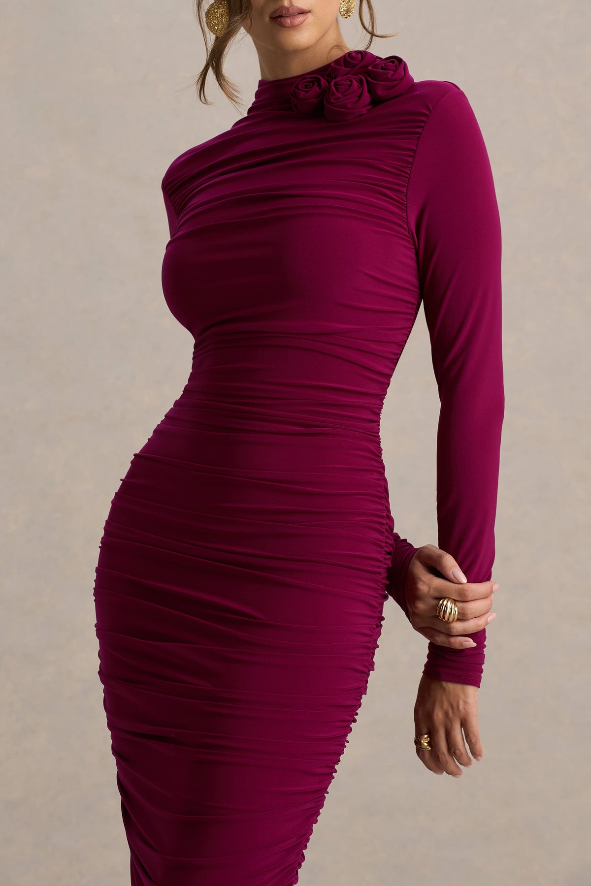 Tamara | Burgundy Long-Sleeve Ruched Midi Dress