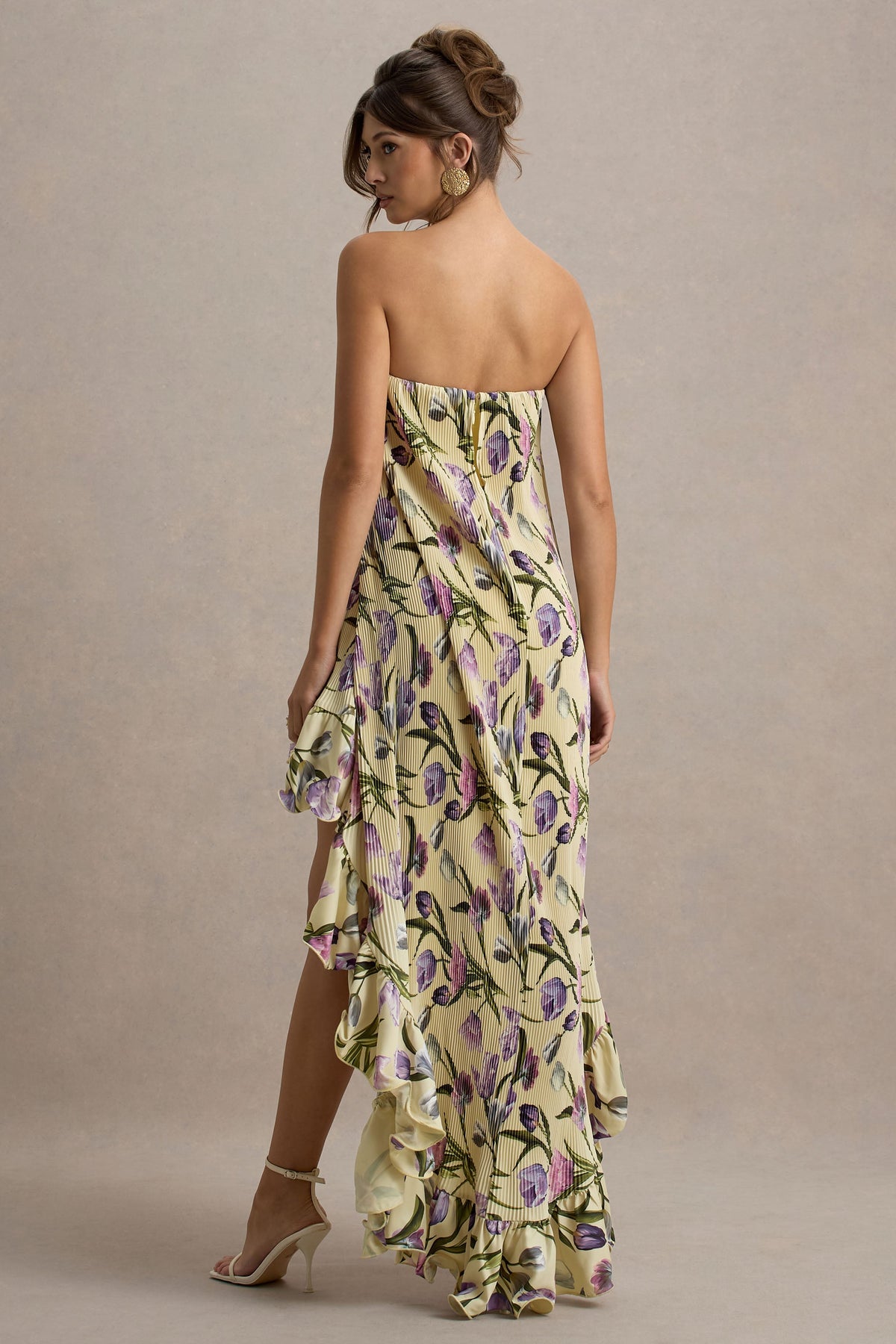 Whistler | Tulip Floral Print Chiffon Bandeau High-Low Ruffled Maxi Dress