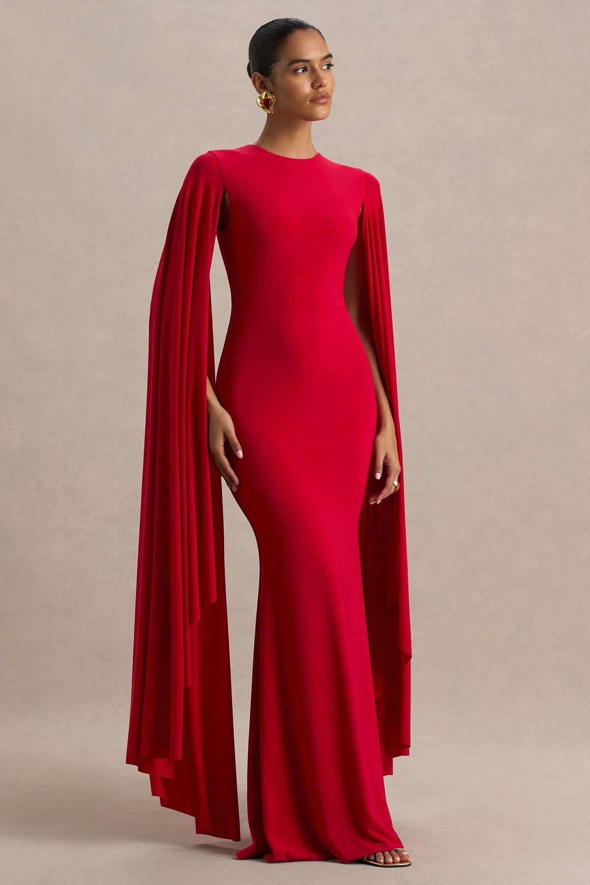Briony | Red Crew-Neck Maxi Dress With Cape Sleeves