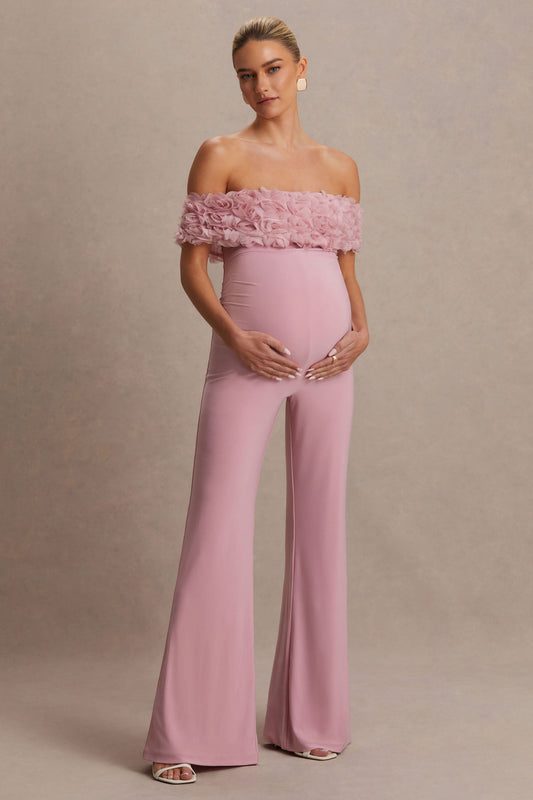 Sallow | Pink Floral Bardot Maternity Jumpsuit
