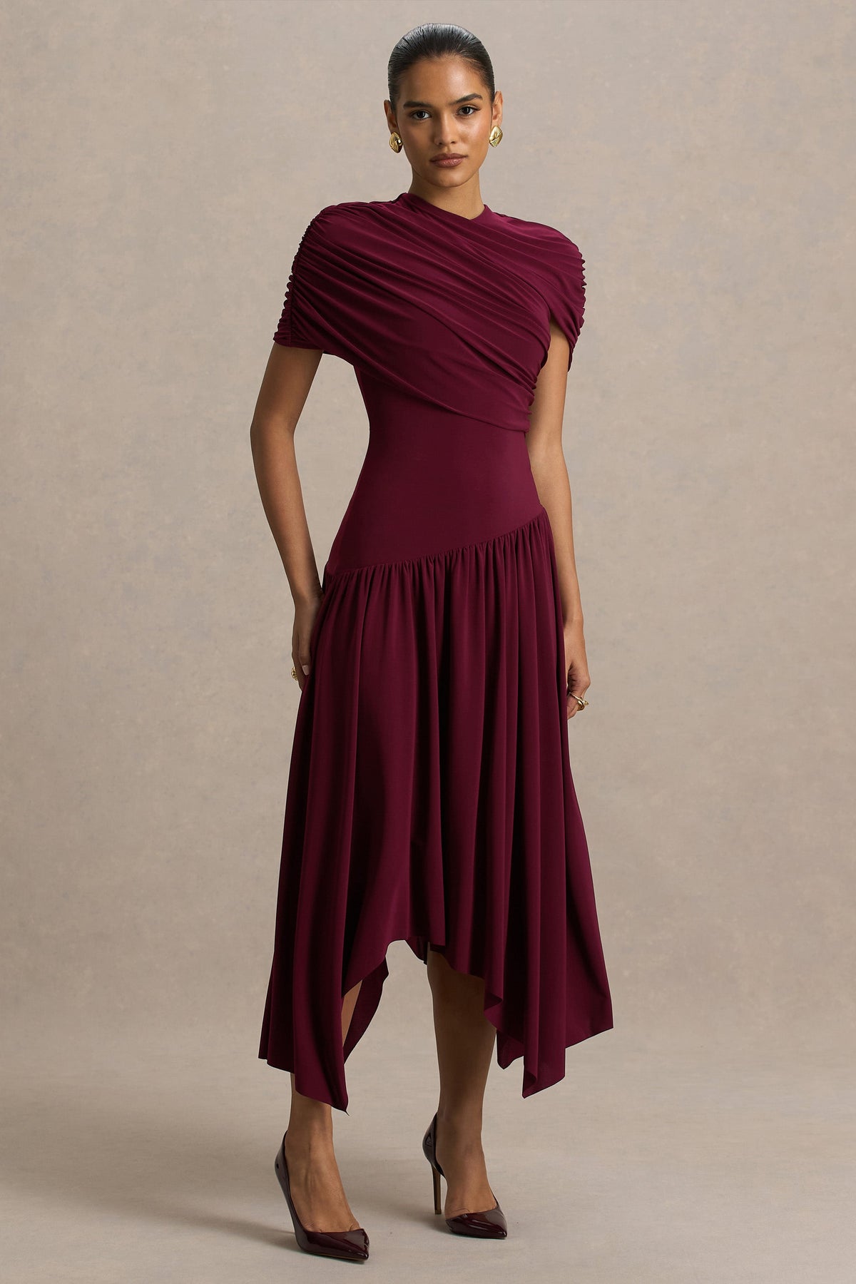 Ione | Burgundy Wrapped Midi Dress With Hanky Hem