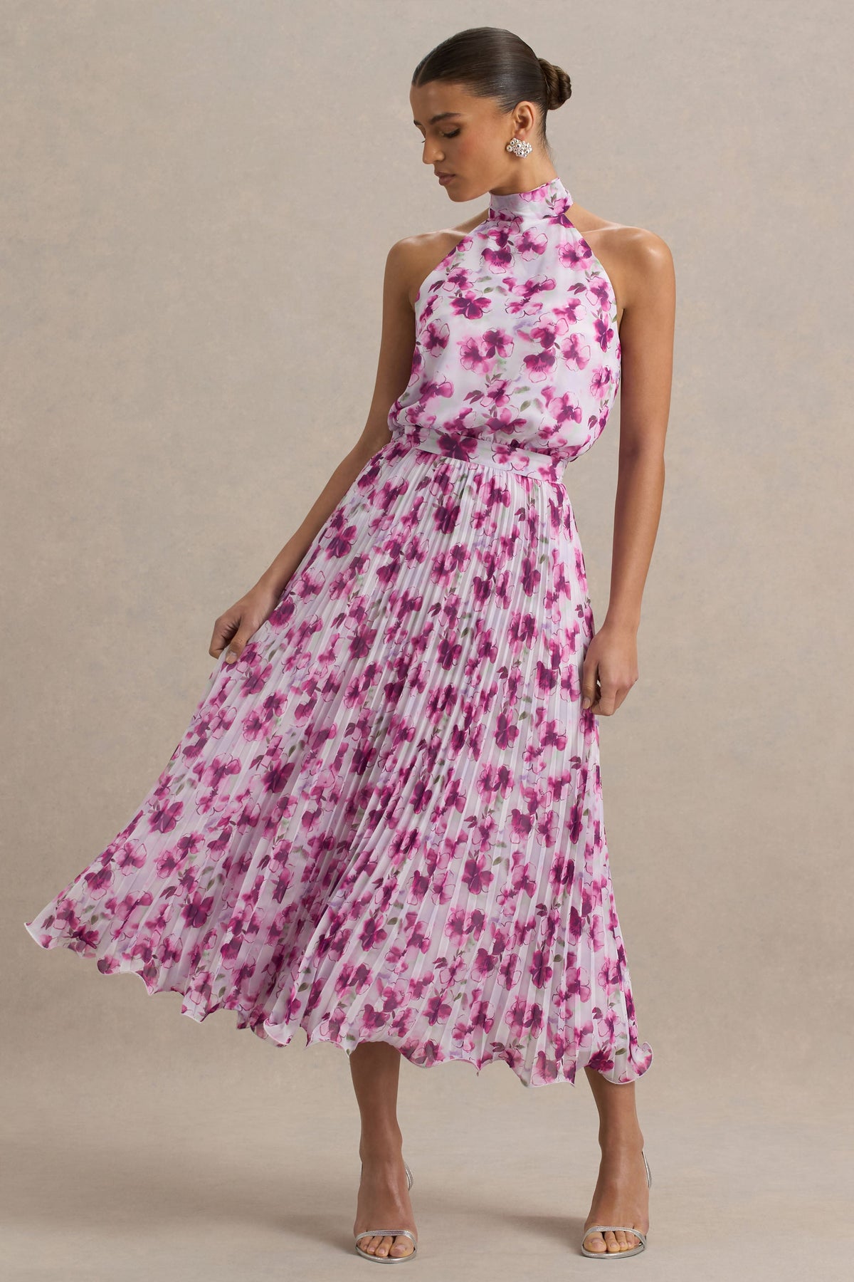 Refractive | Purple Floral Print Satin Maxi Dress With Halter-Neck and Pleated Skirt