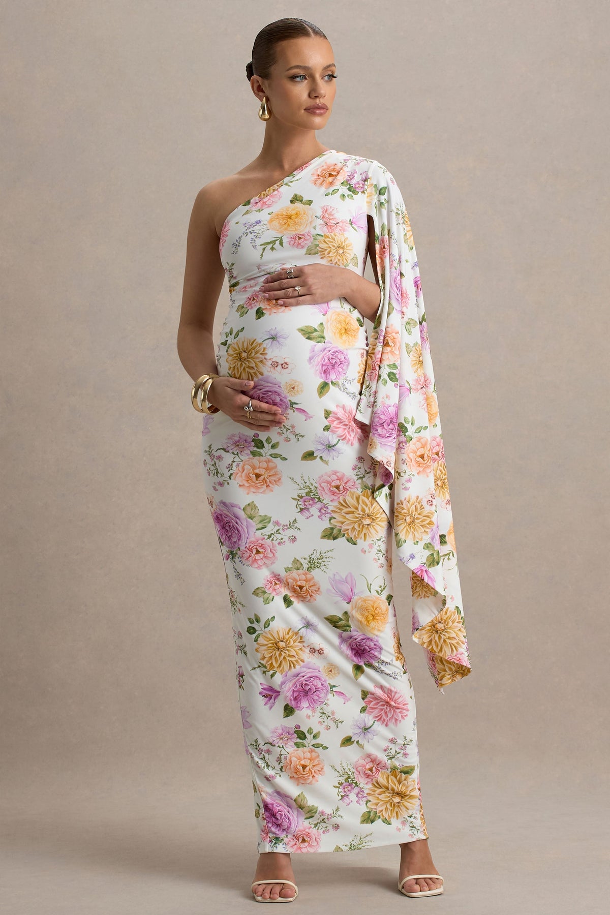 Aliana | Peach And Lilac Floral Print Asymmetric Maternity Maxi Dress With Ruched Detailing