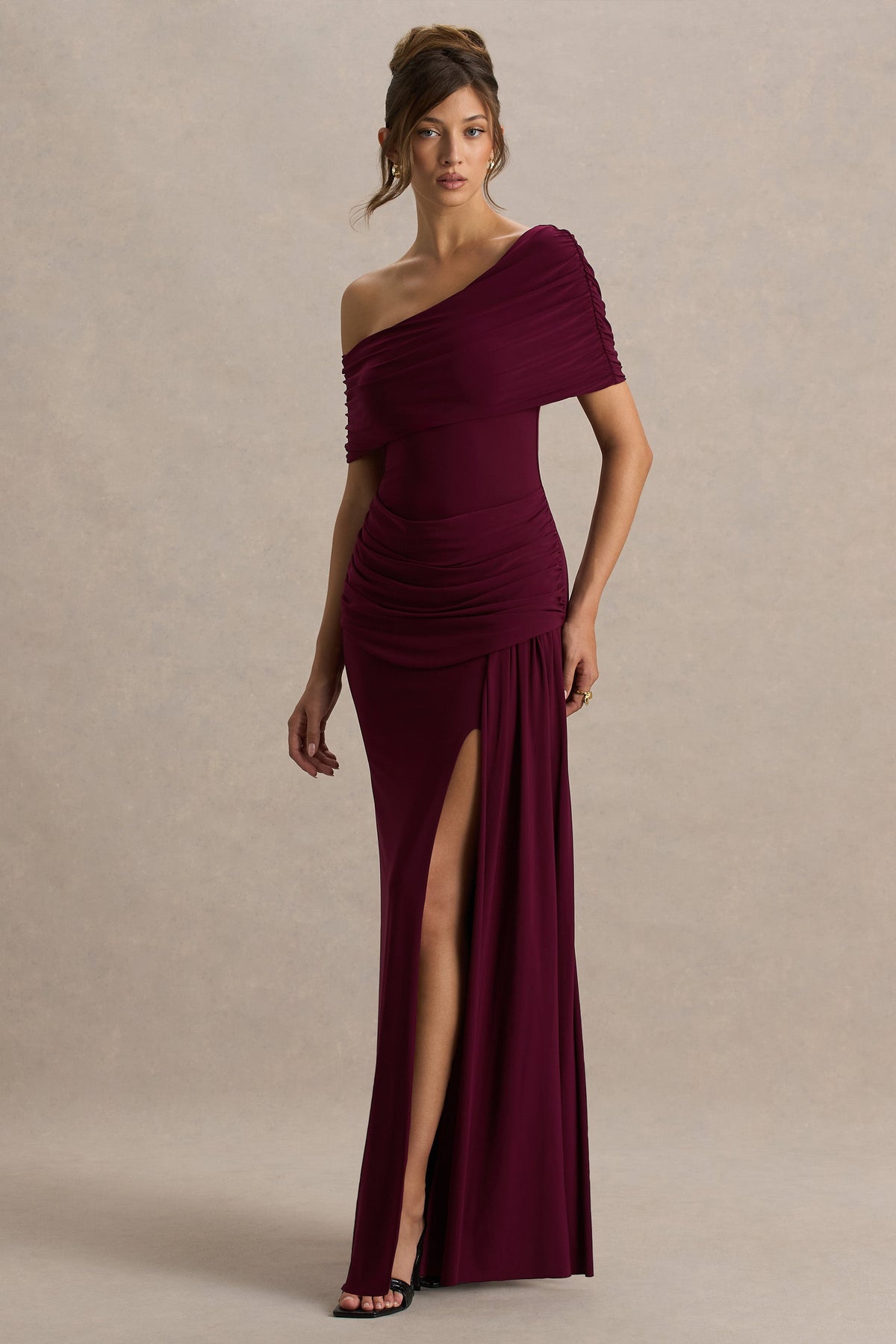 Dynasty | Burgundy Asymmetric-Neck Maxi Dress With Ruched Detailing And Front High-Split