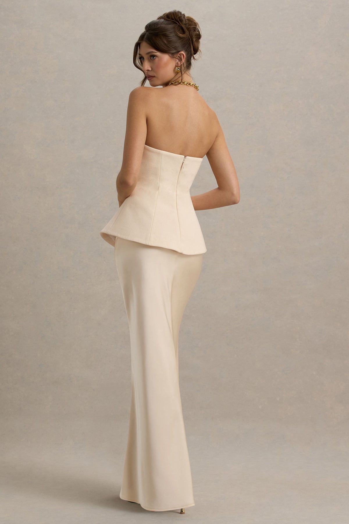 Ohio | Champagne Bandeau Maxi Dress With Satin Skirt And Corset