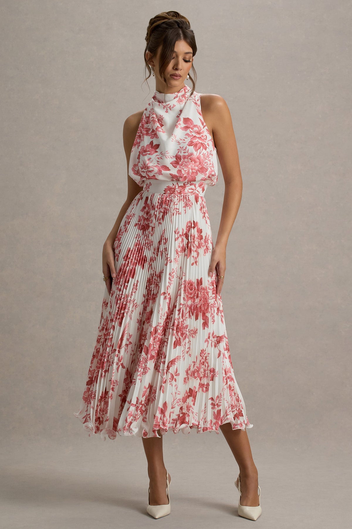 Nila | Pink Porcelain Print Cowl-Neck Midi Dress With Plisse Skirt