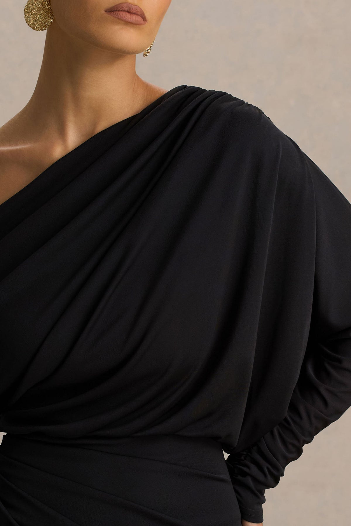 Olivia | Black Asymmetric-Neck Maxi Dress With Ruched Detailing And Asymmetric-Hem