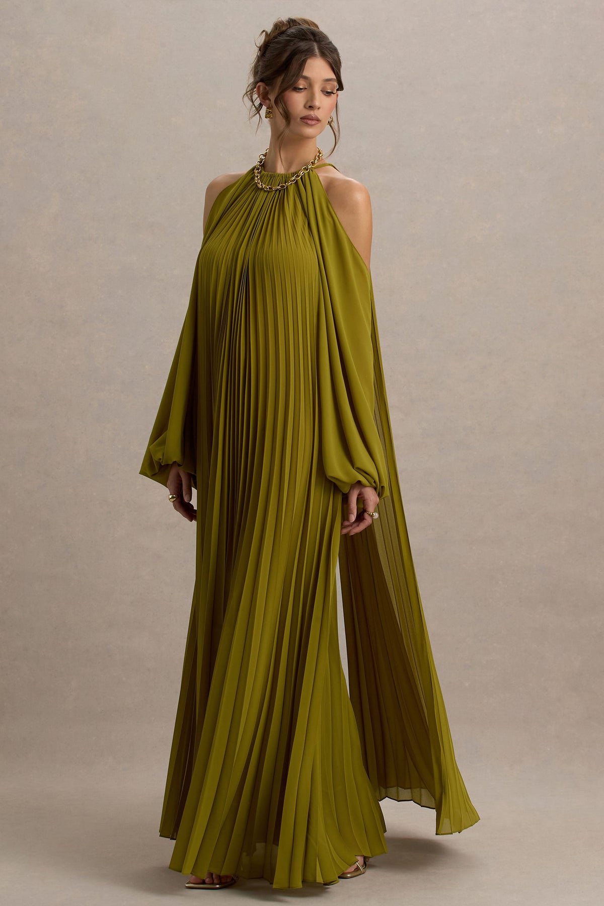 Reyna | Olive Pleated Chiffon Cold-Shoulder Maxi Dress