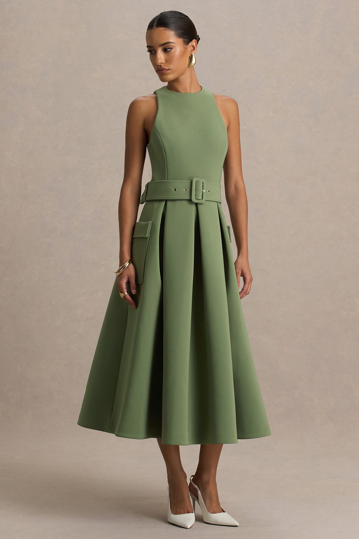 Elisia | Olive Crew-Neck Belted Midi Dress