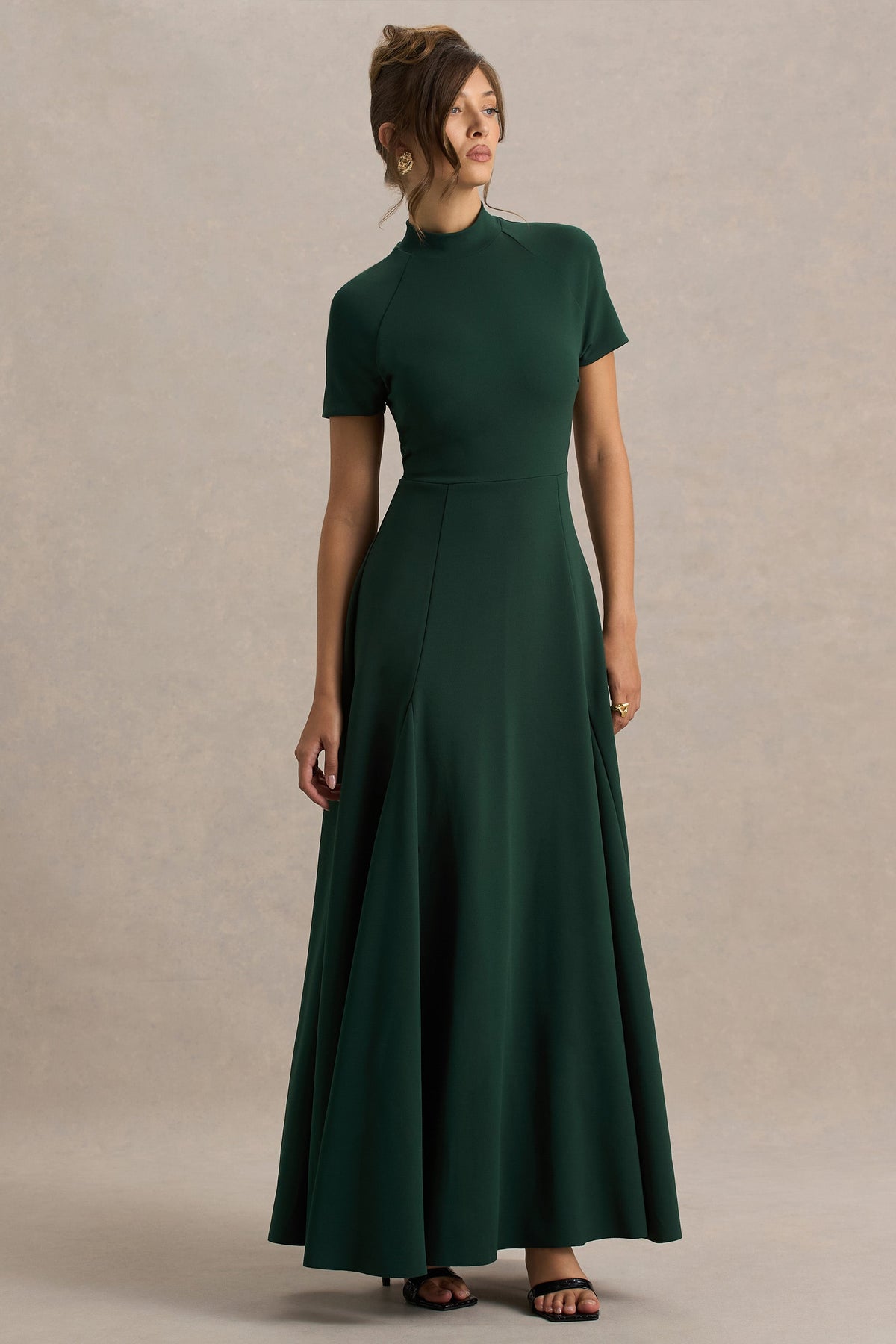 Alea | Dark Green High-Neck Short-Sleeve Maxi Dress