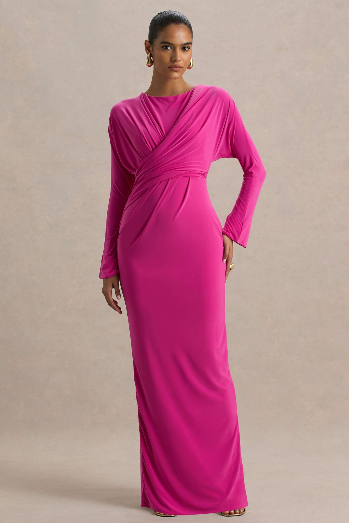 Regina | Hot Pink High-Neck Draped Wrap Maxi Dress
