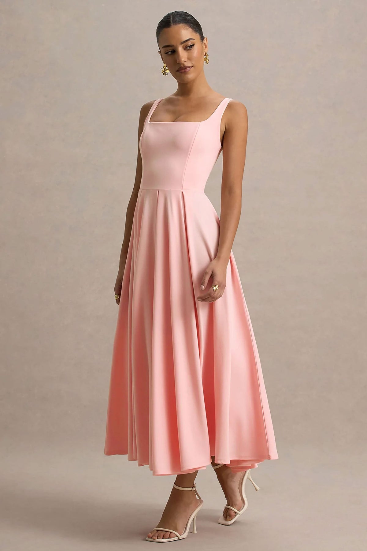 Parina | Pink Scuba Square Neck A-Line Midi Dress