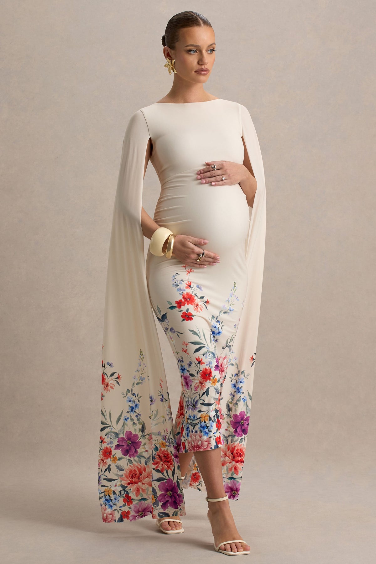 Providence | Light Pink Floral Print Boat-Neck Maternity Midi Dress With Cape Sleeves