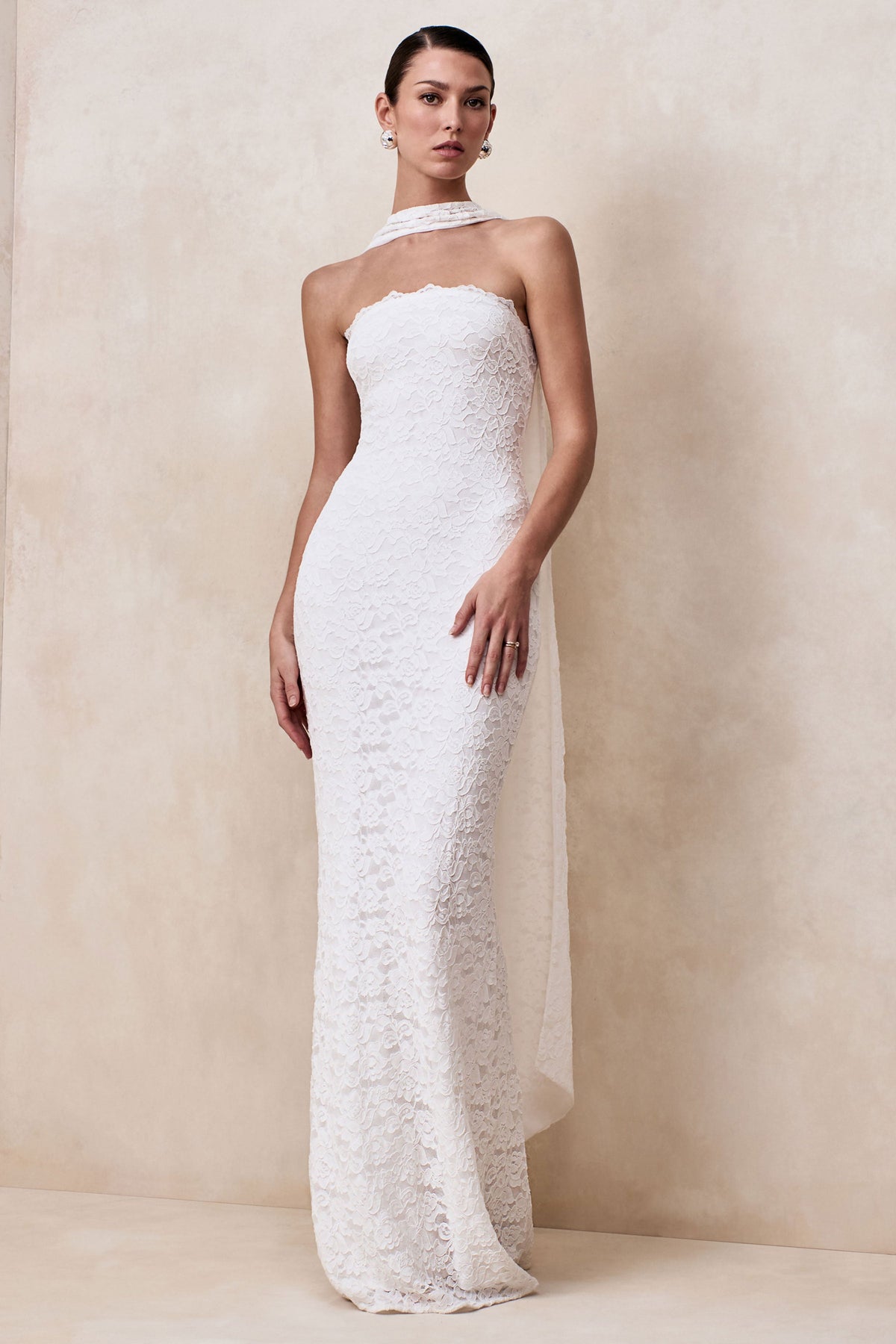 Massima | White Lace Bandeau Maxi Dress With Scarf Detail And Back Split