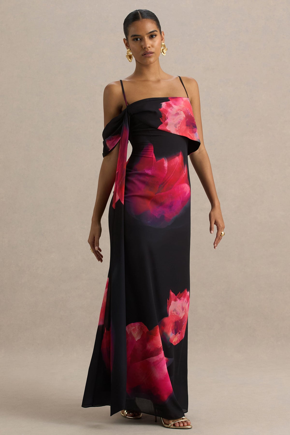 Leonara | Black And Pink Floral Print Cowl-Neck Maxi Dress With One-Sleeve