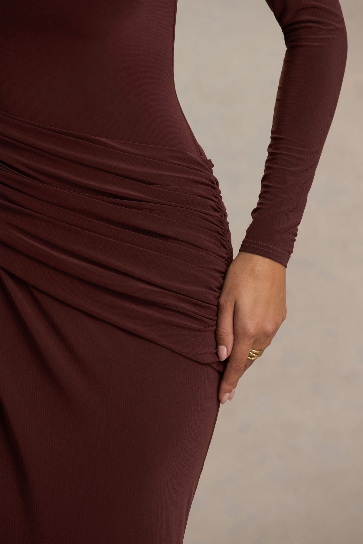 Zephyra | Brown High-Neck Wrapped Maxi Dress