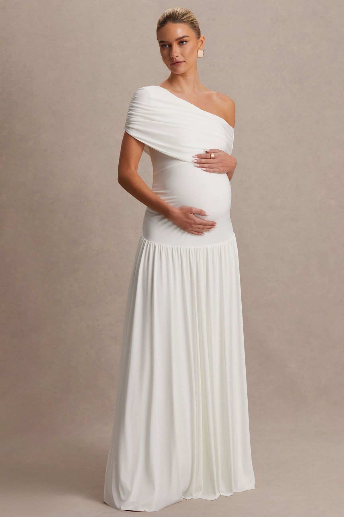 Noah | White Jersey Ruched One Shoulder Maternity A-Line Maxi Dress With Drop Waist