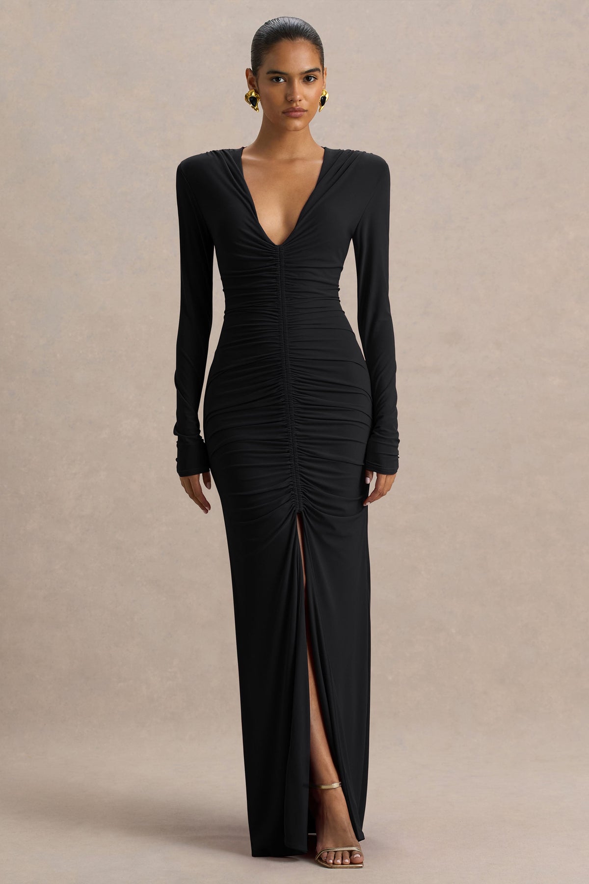 Jewel | Black Plunge-Neck Maxi Dress With Front Split and Ruched Detailing