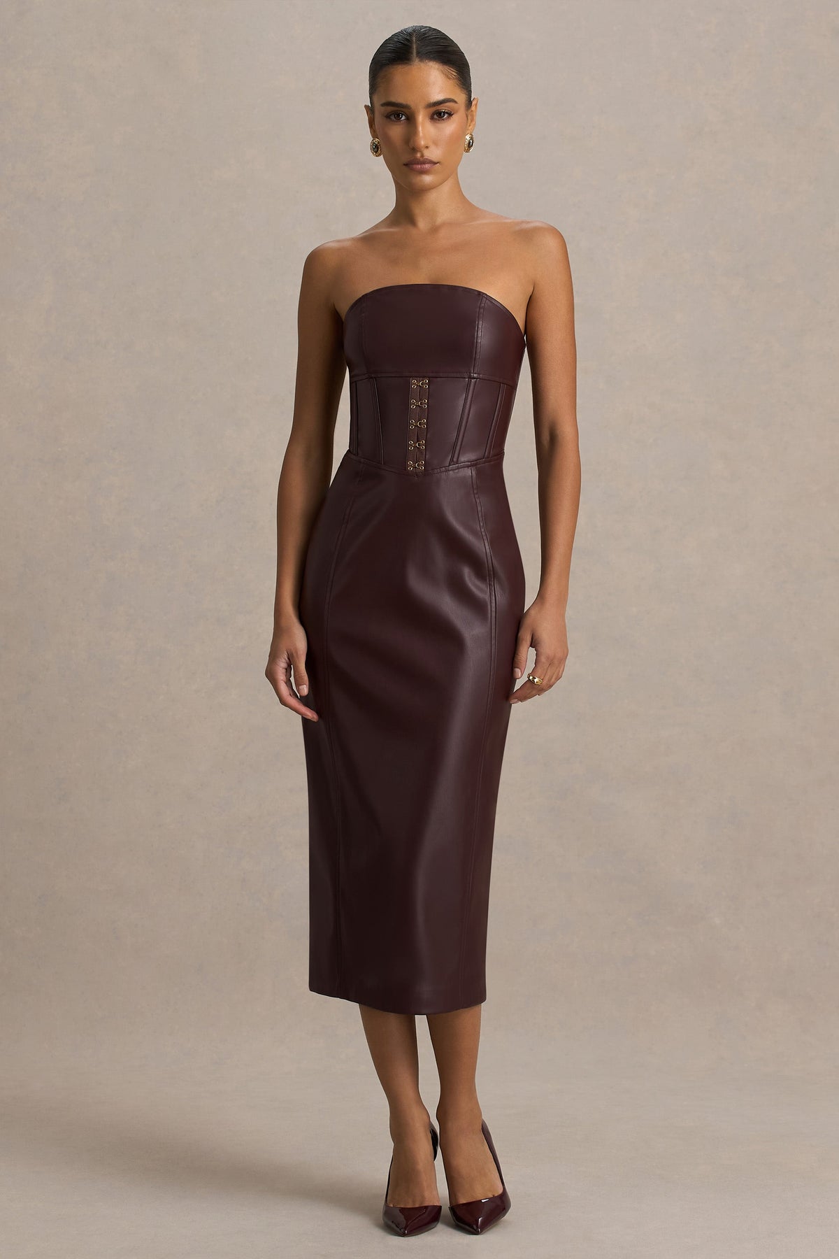 Zola | Burgundy Faux Leather Bandeau Midi Dress