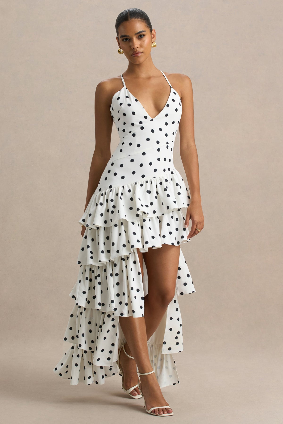 Bogota | Polka Dot Plunge-Neck Maxi Dress With Ruffling Details And Front High Split