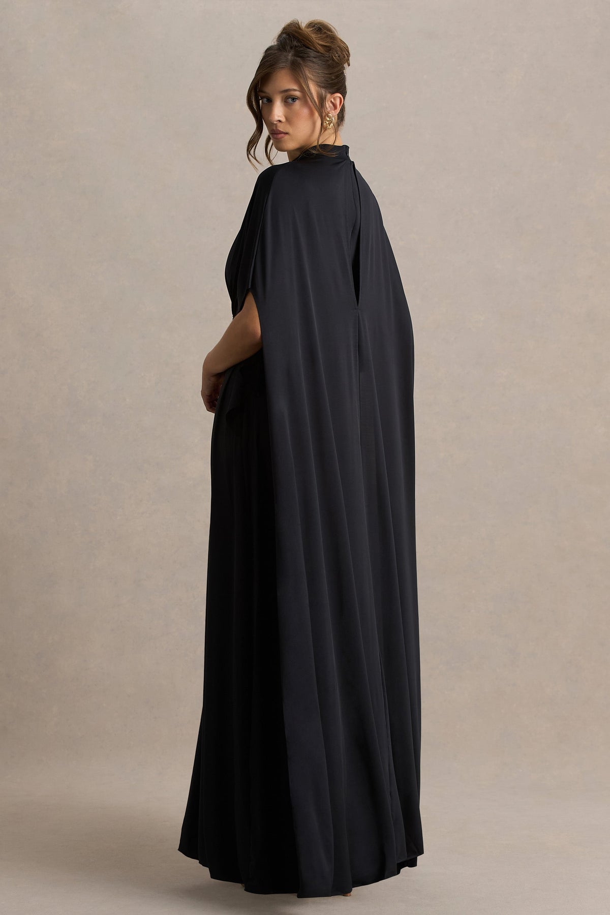Olessia | Black Belted Gathered Cape-Sleeve Maxi Dress