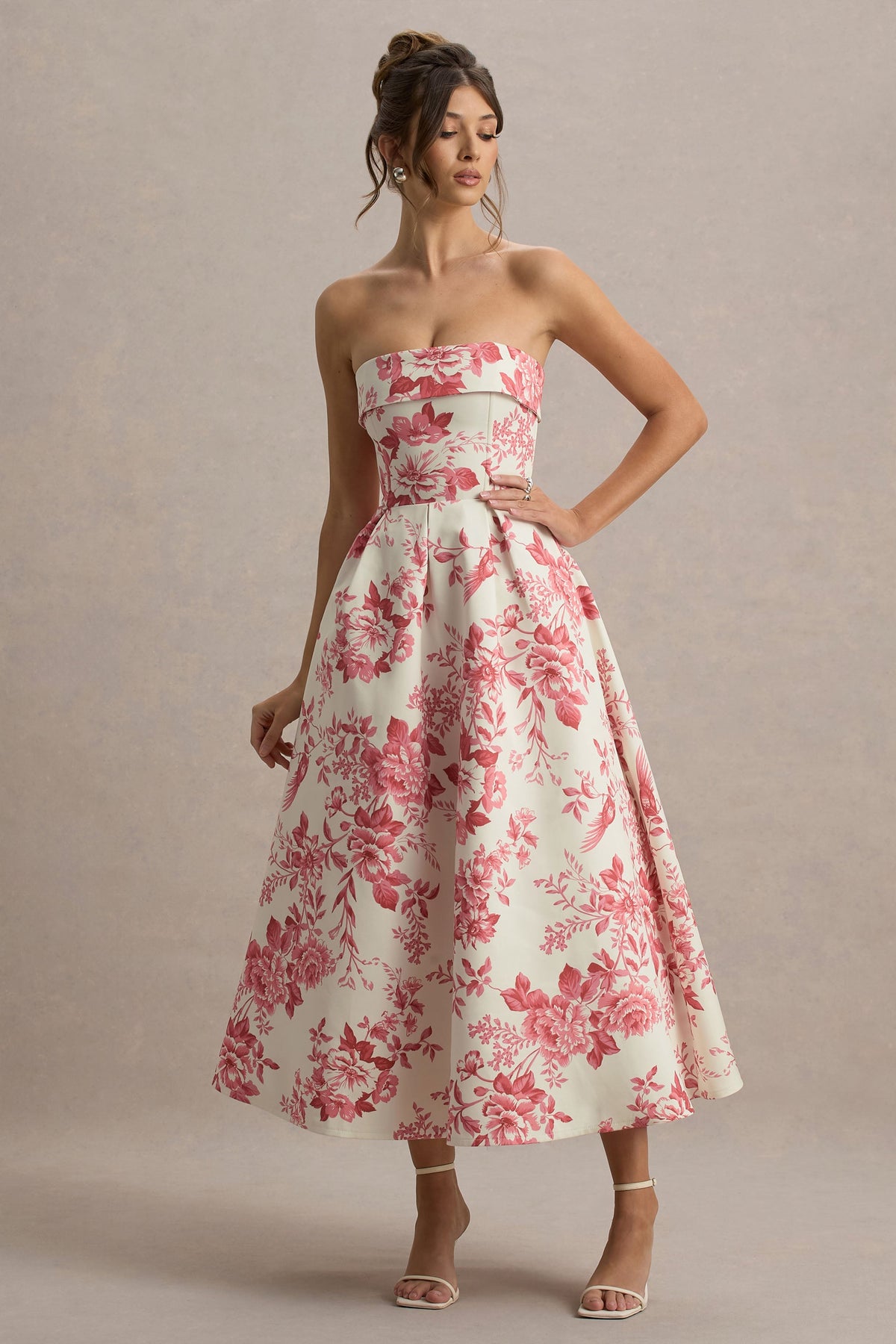 Annalise | Pink Porcelain Print Bandeau Skater Midi Dress