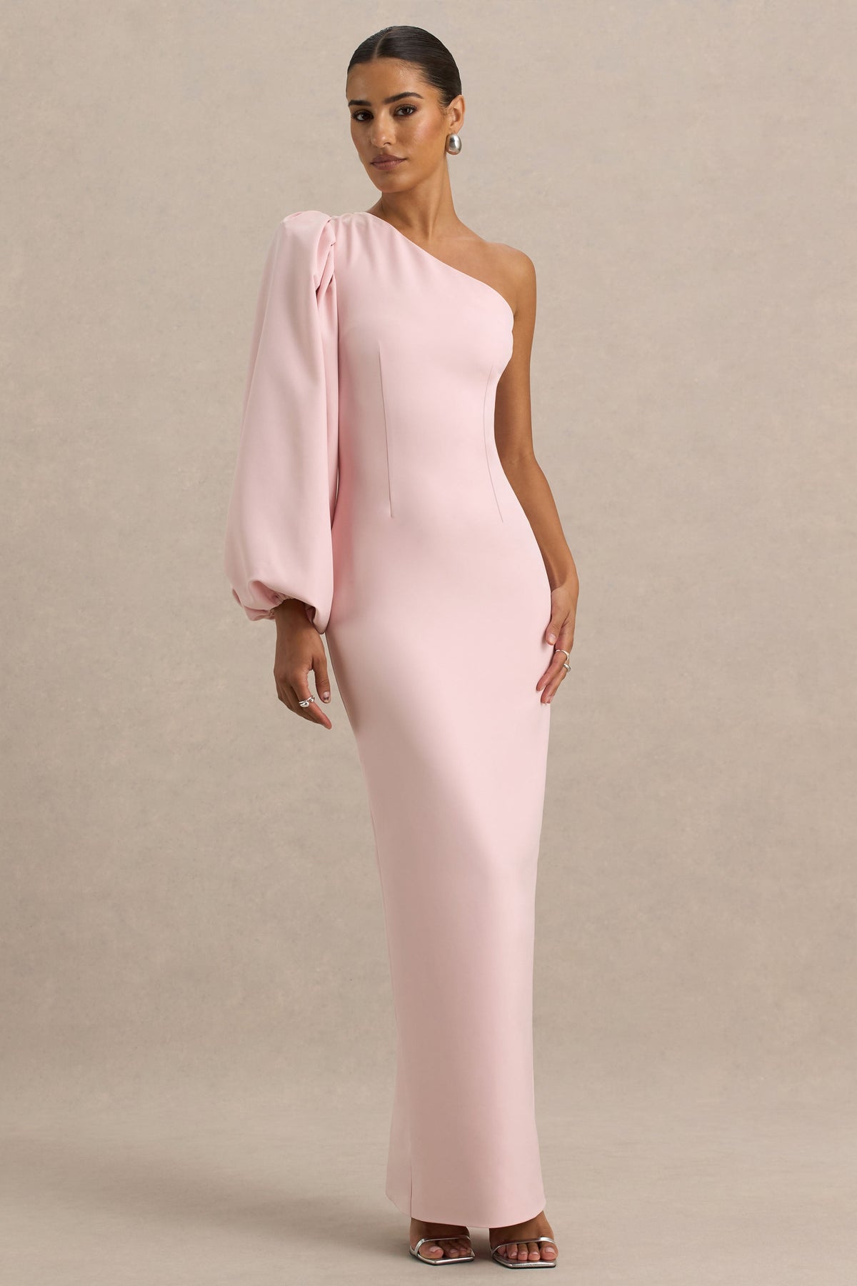 Kellis | Pink Asymmetric Maxi Dress With Balloon Sleeve