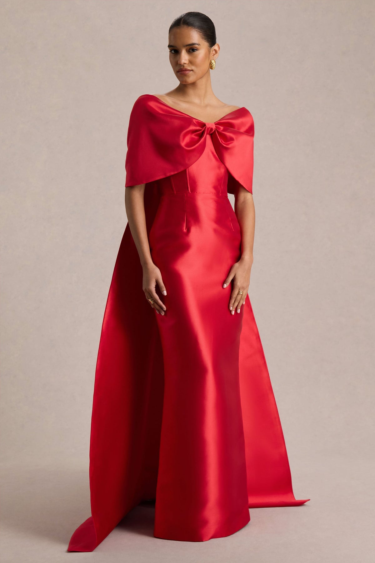 Wanting More | Red Satin Cape Maxi Dress With Oversized Bow