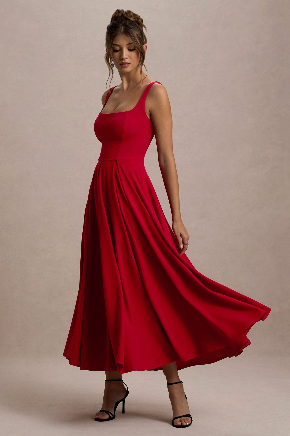 Parina | Red Scuba Square Neck A-Line Midi Dress