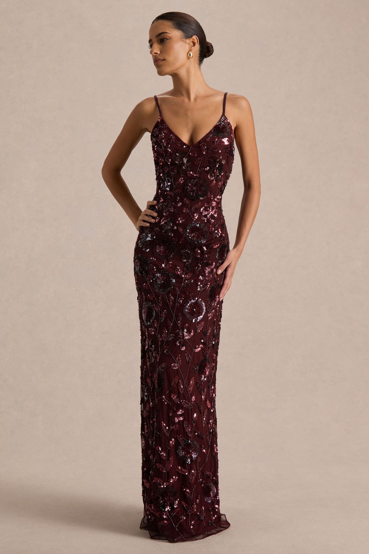 Gemini | Burgundy Floral Sequin Embellished Strappy Maxi Dress