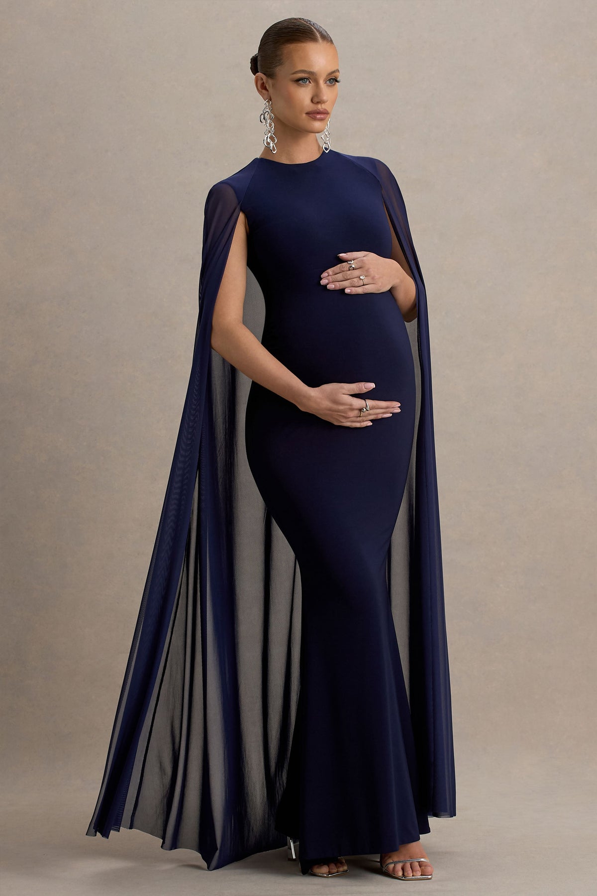 Currant | Navy Crew-Neck Maternity Maxi Dress With Cape