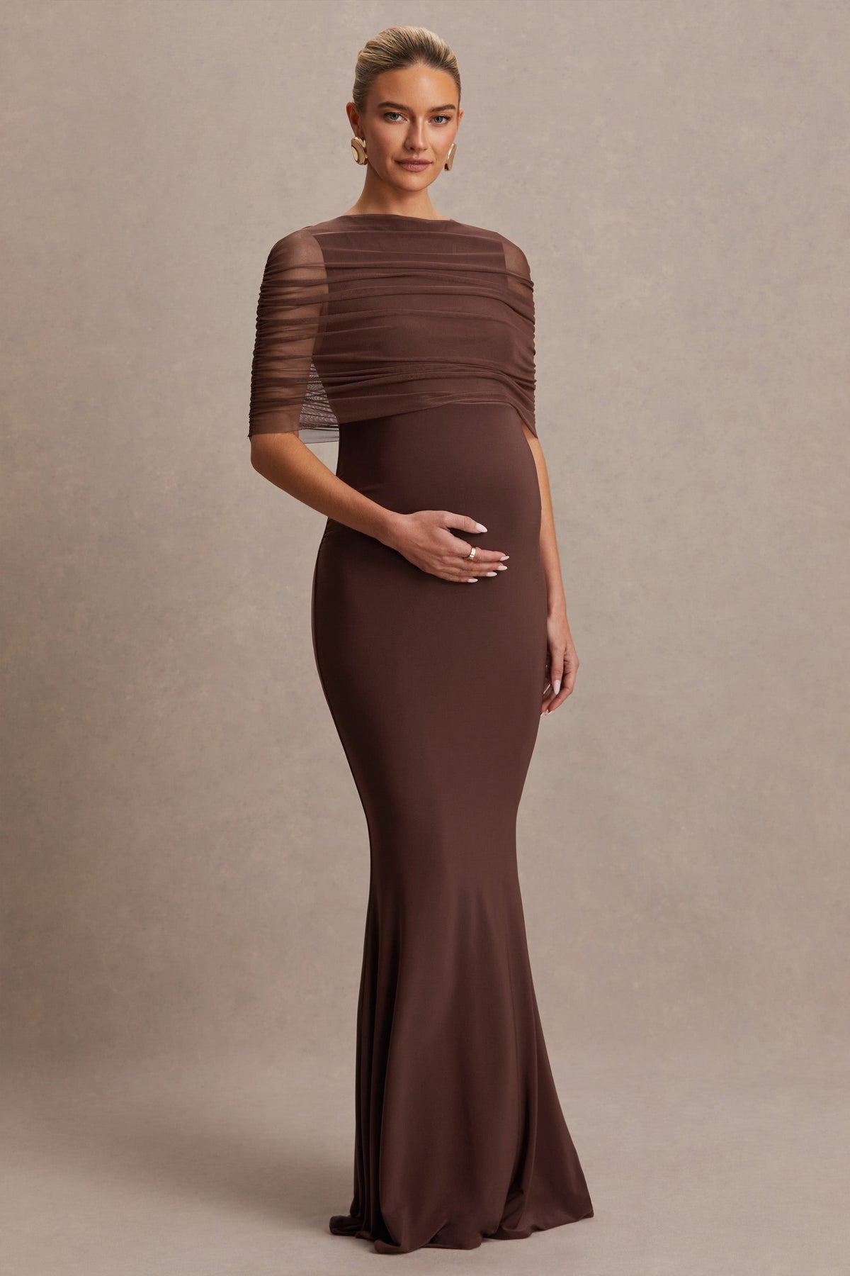 Zaria | Brown Crew-Neck Maternity Maxi Dress With Cape-Overlay