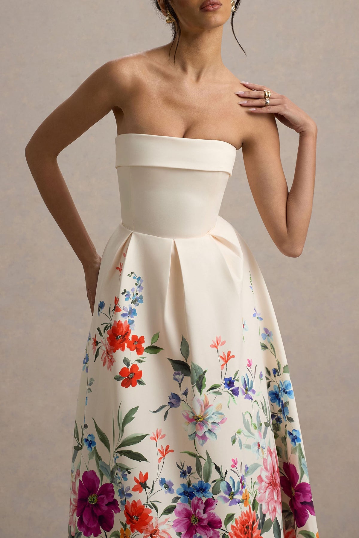 Annalise | Light Pink Floral Print Bandeau Skater Midi Dress